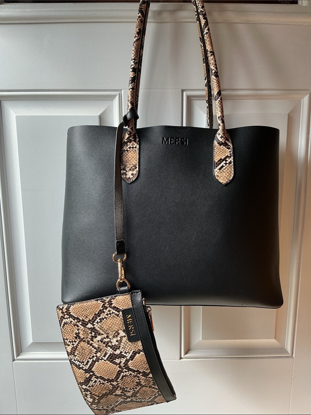 MERSI's Lea Tote Black Bag Snake-Print Accent - Handbag small bag white dust bag